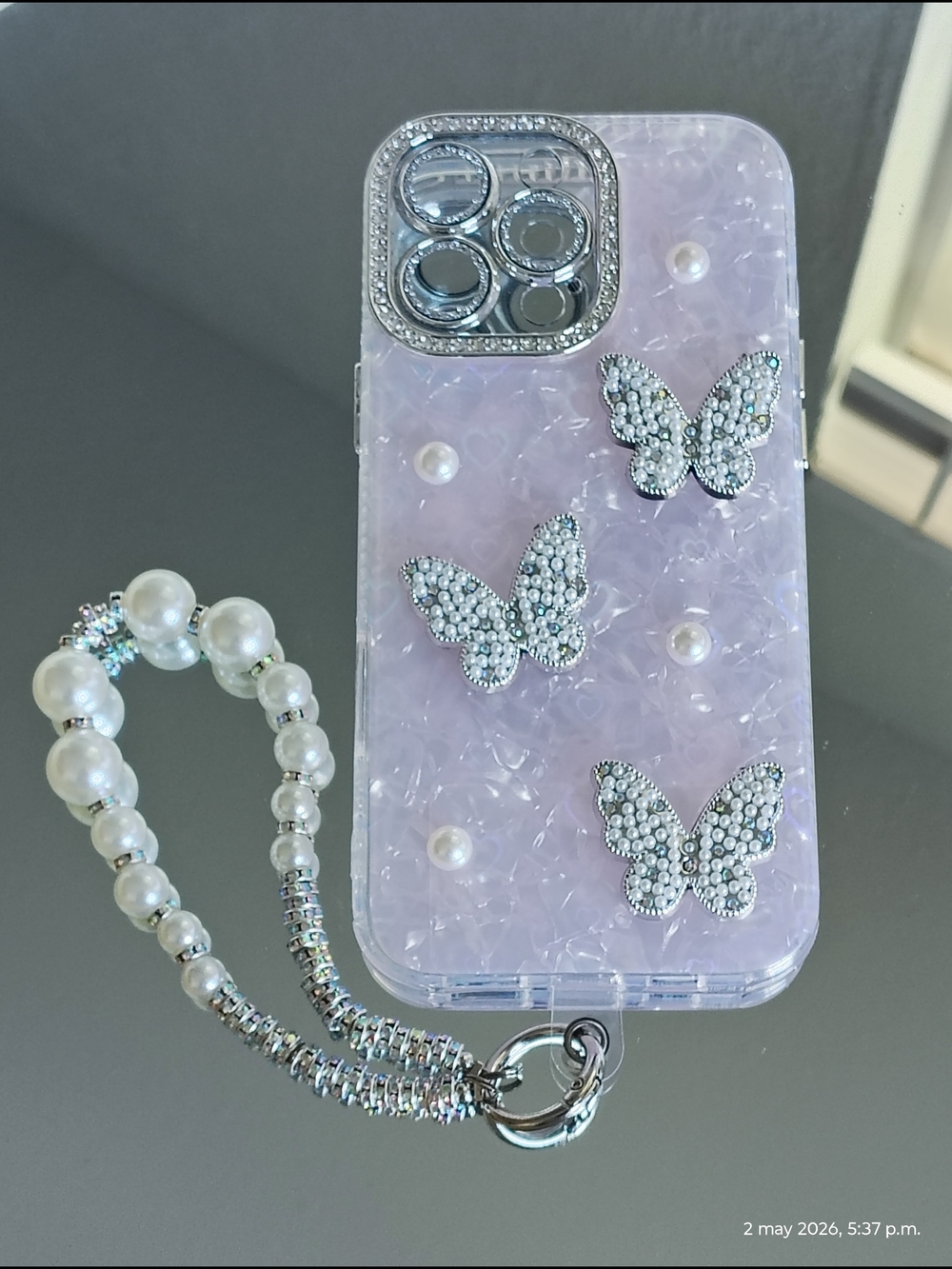 Lavender Crystal Butterfly Case for iPhone 16 Pro Max with Pearl Strap